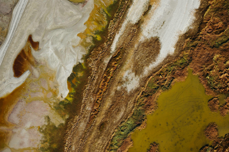 Aerial image of the eastern shoreline of Mono Lake, with vegetation and algae growing in pools, Mono Basin Scenic Area, Eastern Sierra, CA