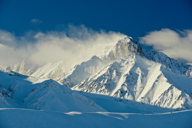 Mt. Morrison with blowing snow, just after sunrise, Long Valley, Eastern Sierra, CA