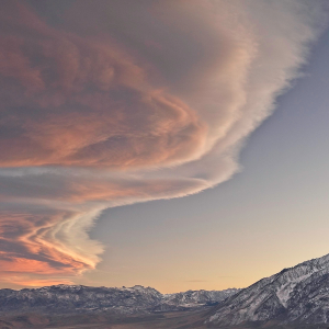 A Sierra wave cloud formation, or altocumulus lenticularis, at sunset, Round Valley, Eastern Sierra, CA