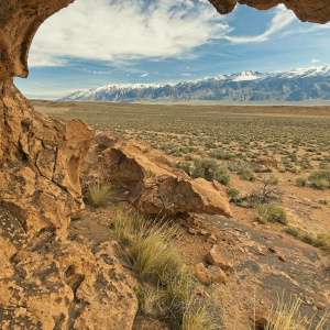 Northern White Mountains viewed through weathered tuff rock, Volcanic Tableland, Mono Co., CA