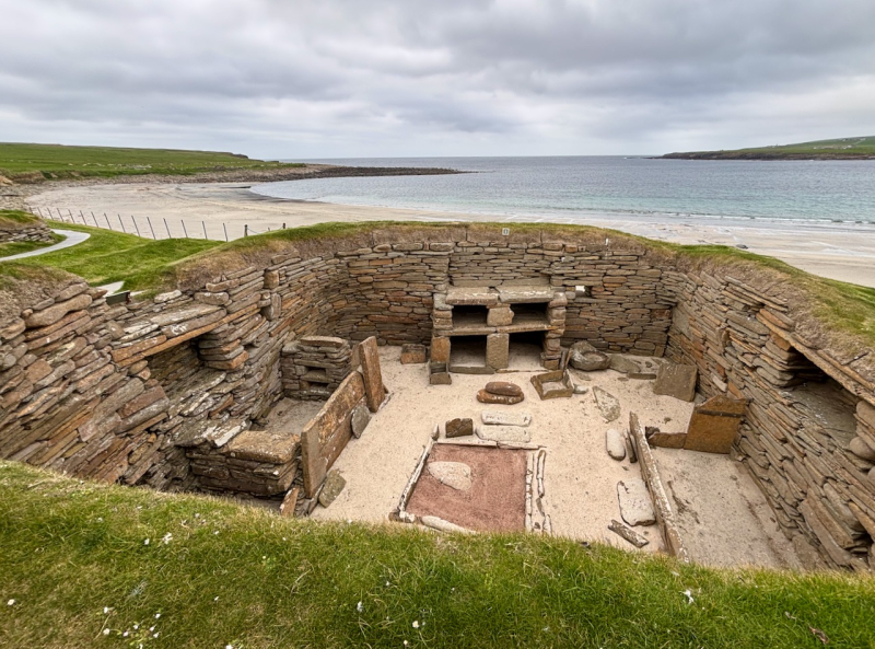 Skara Brae ruins of stone house built 5500 years ago and inhabited for about 1000 years.